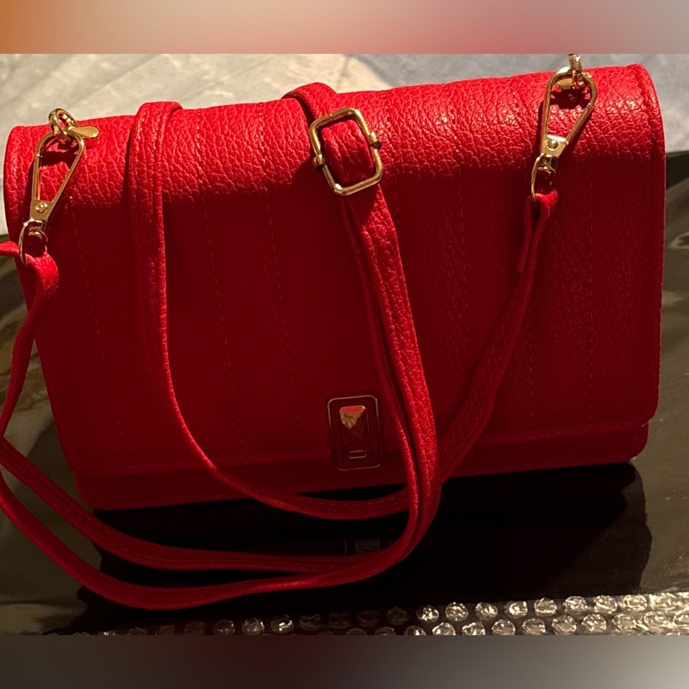 NEW 100% Vegan Leather Red Crossbody Bag with Gold Accents